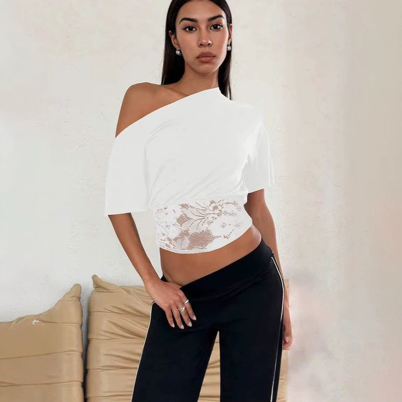 Pure Desire Hot Girl Lace Patchwork Top for Women, Autumn Off-Shoulder Short Sleeve T-Shirt, European and American Style, Off-Shoulder Waist-Cinching Base Shirt for Women