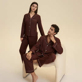跨境薄款情侣睡衣长袖长裤春季翻领云朵棉休闲家居套装3987+3988