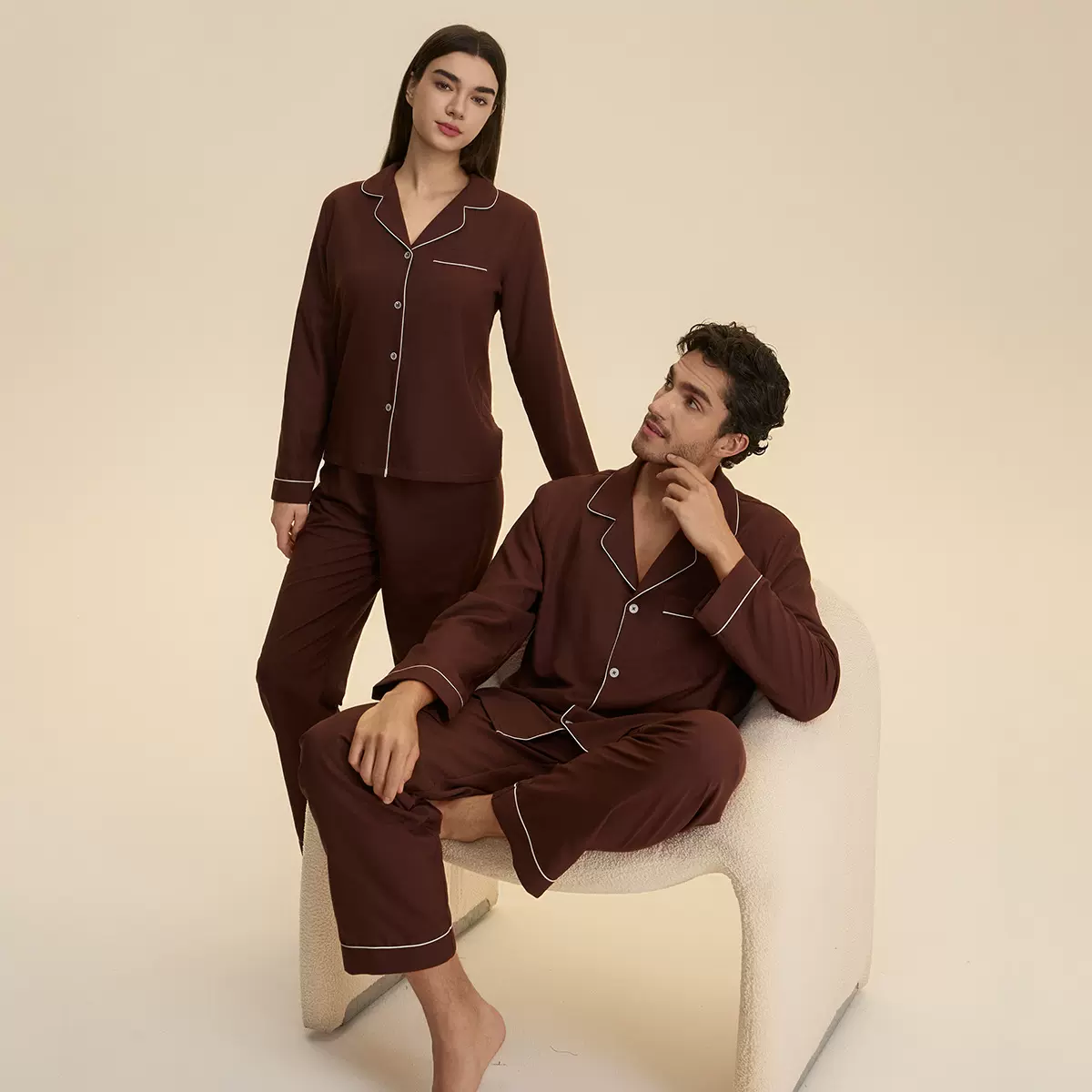 跨境薄款情侣睡衣长袖长裤春季翻领云朵棉休闲家居套装3987+3988