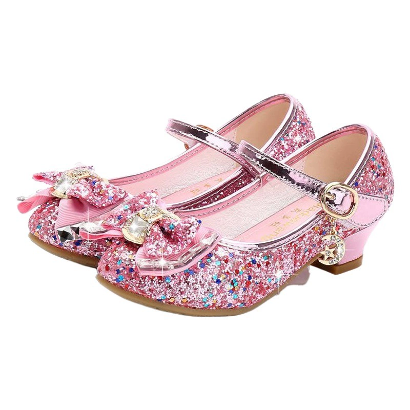 Новинка осени 2023, маленькие кожаные туфли на высоком каблуке для девочек, детская танцевальная обувь с блестками и бантом