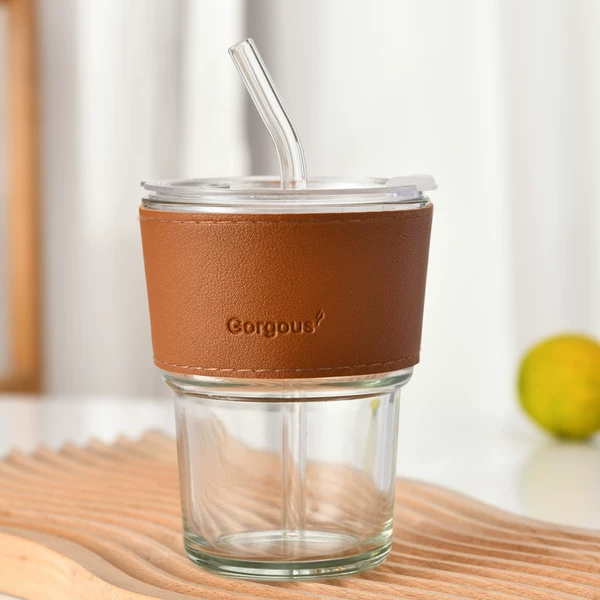 Transparent color + brown leather case + straw + double drinking cap