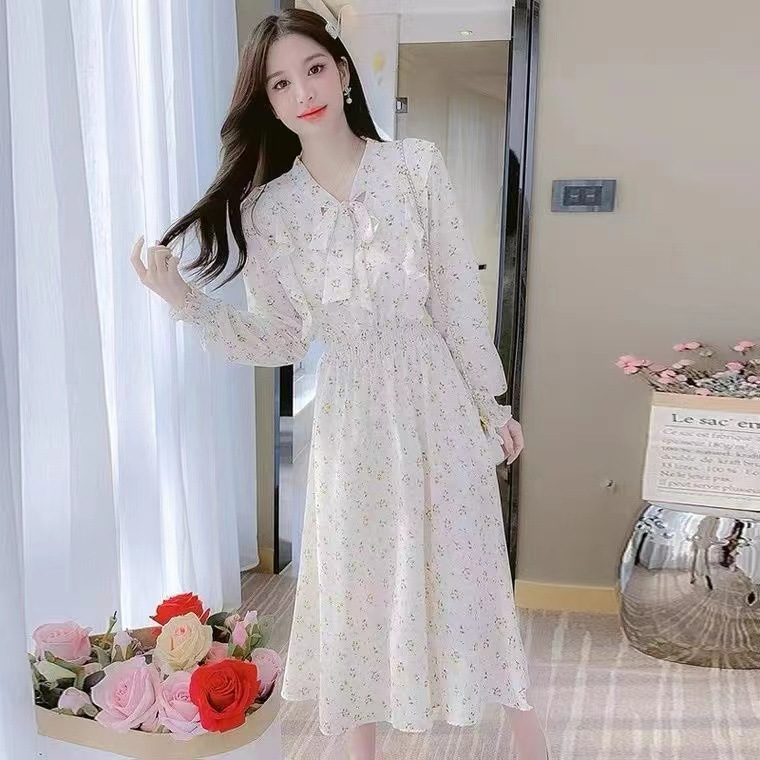 Foreign trade, please look at the real French ruffled floral dress women's autumn new waist before placing an order