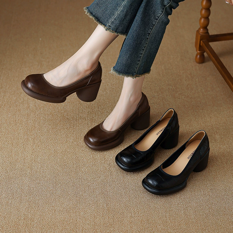 2024 New Retro Block Heel Pumps for Women, Stone Pattern Cowhide, Round Toe, Mid Heel, French Style