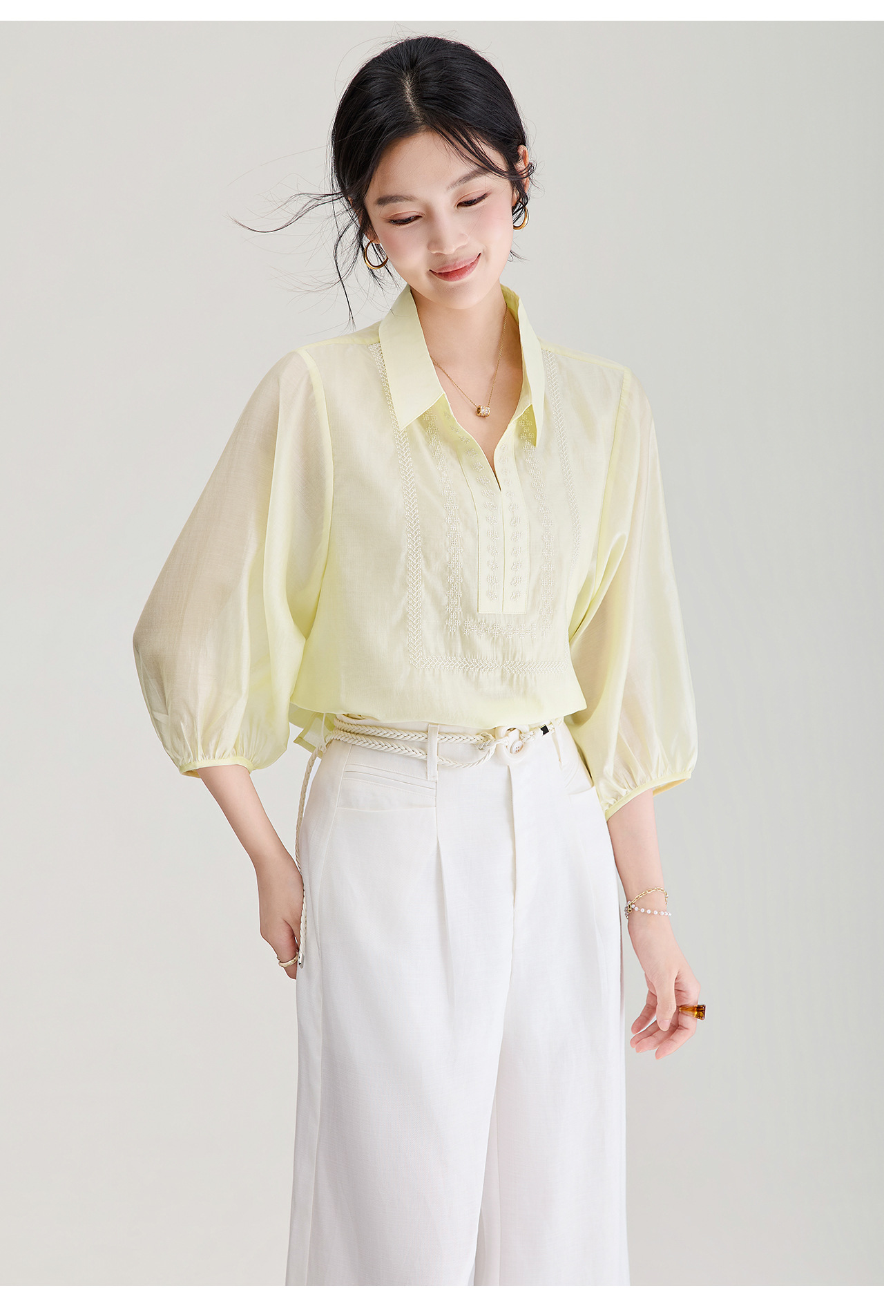 Áo sơ mi nữ tay lỡ thêu hoa tay chất liệu tencel cao cấp — màu trắng chi tiết 14