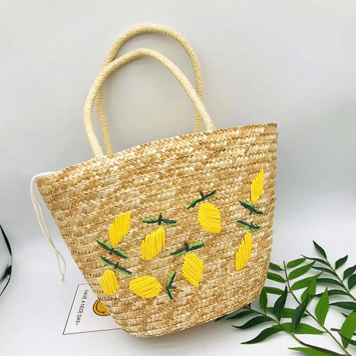 Summer large-capacity lemon embroidered beach bag hand-woven bag shoulder bucket bag women's wheat braided straw bag