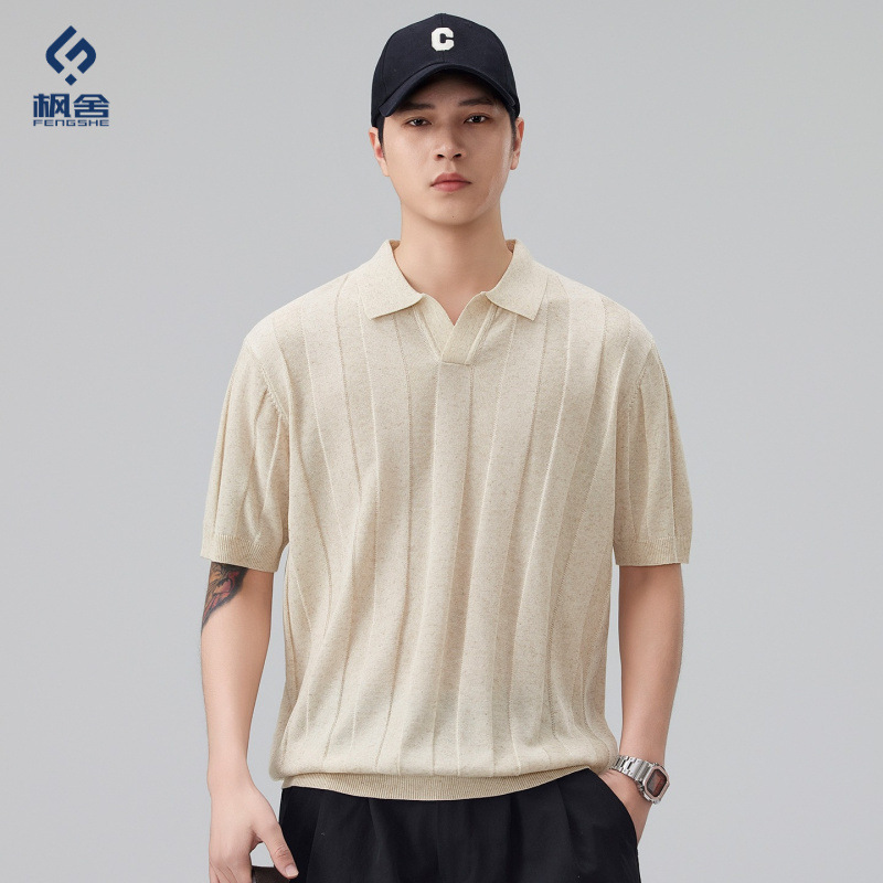 Men's Clothing / V-Neck Short-Sleeve T-Shirt Men's Knitwear Old Money Style Turn-Down Collar Loose Japanese Retro T-Shirt Trendy Men's Clothing / V-Neck Short-Sleeve T-Shirt Men's Knitwear Old Money Style Turn-Down Collar Loose Japanese Retro T-Shirt Trendy