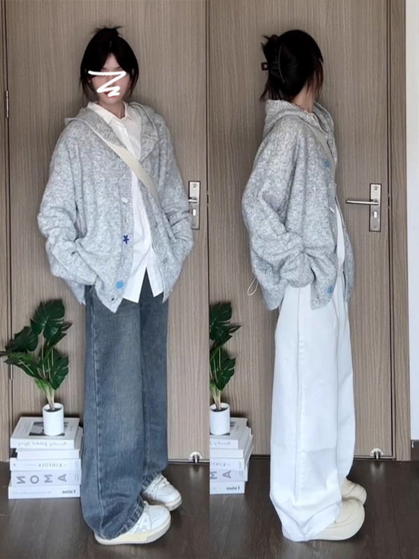 慵懒风灰色连帽毛衣开衫外套女秋冬季2025新款高级感宽松针织上衣|undefined