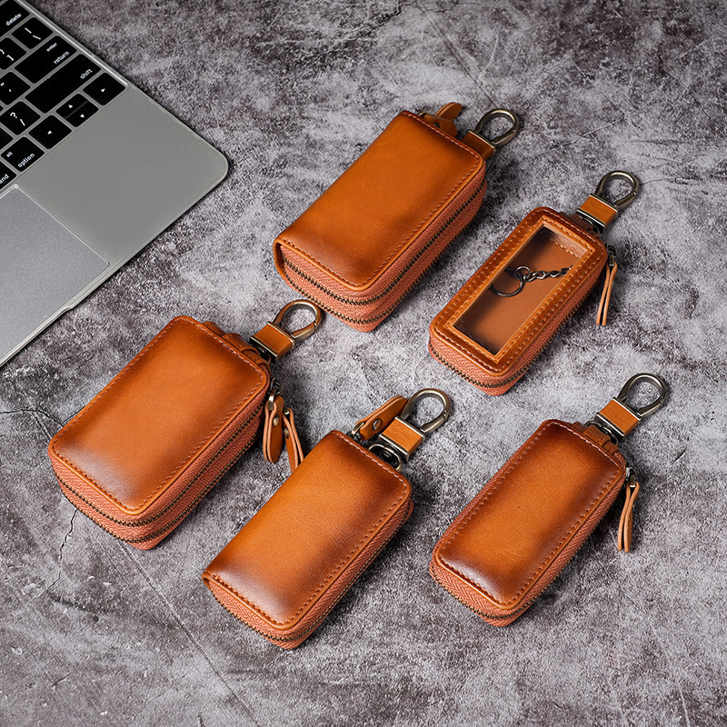 Cross-border universal leather car key case retro oil wax leather double zipper door key car key protective cover