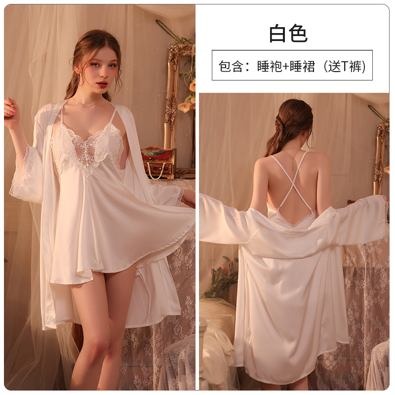 Conjunto de pijama sexy, vestido de tirantes sin espalda de seda helada transparente, ropa de estar por casa, disponible para dropshipping A123, estilo suave y relajado.