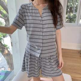韩国ins女士夏季网红推荐新款条纹针织小V领开衫睡衣家居服套装女