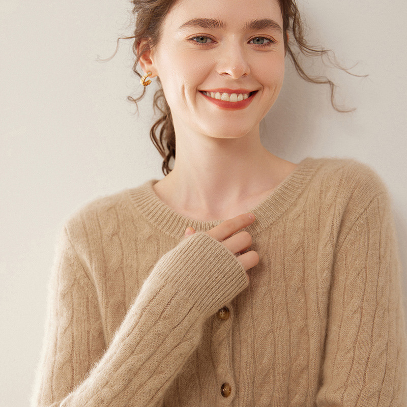 Soft and Stylish Round Neck Cashmere Cardigan for Women, Short Knitted Sweater with Twisted Pattern, Thickened Base Coat for Layering Soft and Stylish Round Neck Cashmere Cardigan for Women, Short Knitted Sweater with Twisted Pattern, Thickened Base Coat for Layering