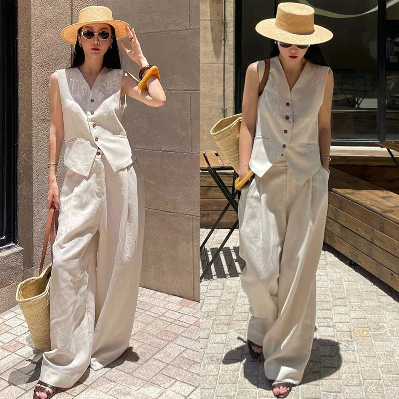 Lyocell Linen Relaxed Old Money Style V-Neck Suit Vest + High-Waisted Wide-Leg Trousers High-End Women's Suit