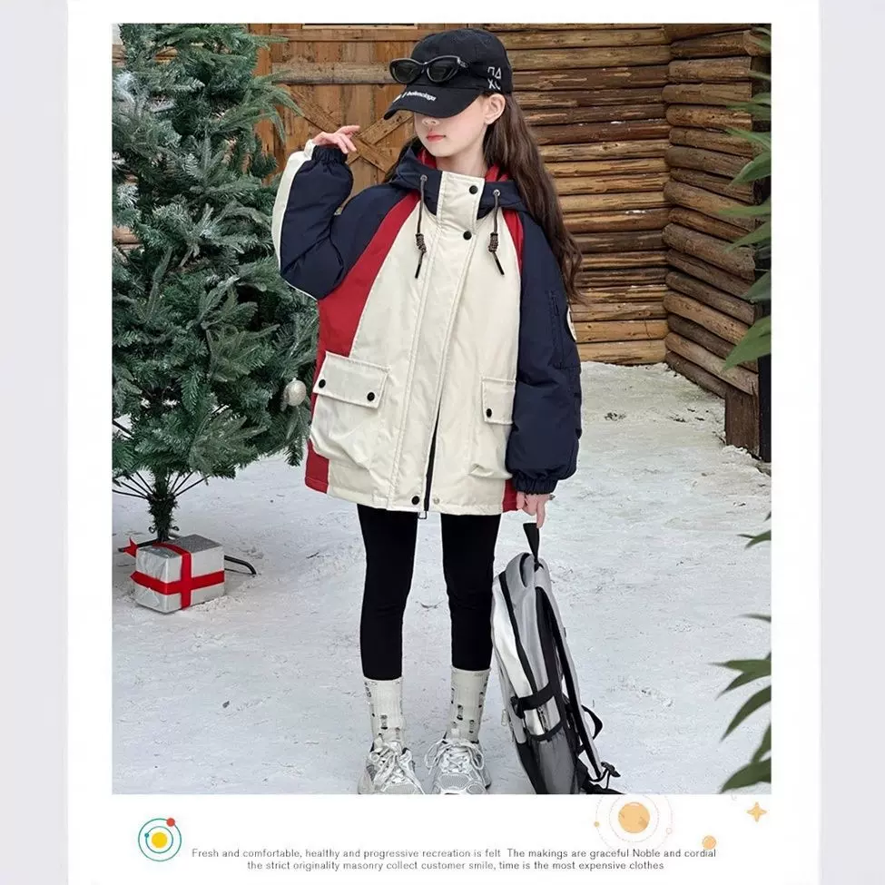 中大童羽绒服2025新款冬季拼色50绒防风保暖连帽羽绒冲锋衣