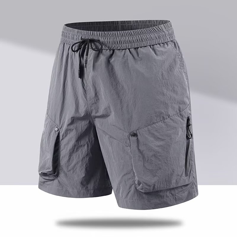 Gray Double-Layer Beach Pants for Men, Quick-Drying, Lined, Loose, Hot Spring Swimming Trunks, Seaside Vacation Shorts