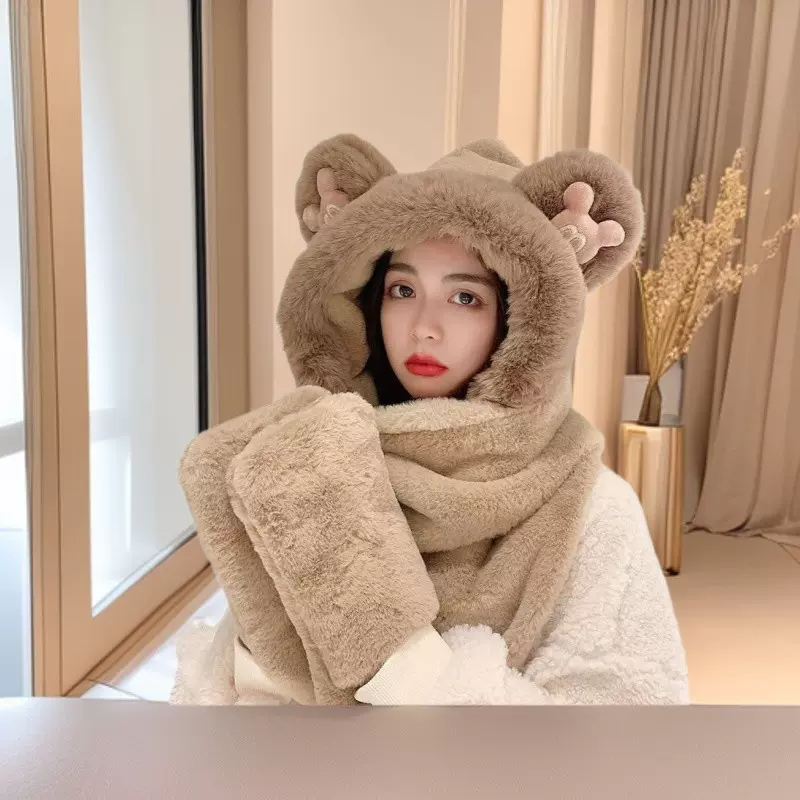小熊帽套头子女三件套韩版可爱米奇连帽围巾一体保暖手套护耳