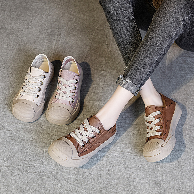 头层水洗牛皮内外全皮小单鞋春季新款小白鞋平跟软底软面紫色女鞋