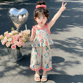 儿童甜美度假套装2026粉色碎花无袖衫+同花色阔腿裤 夏季出游穿搭