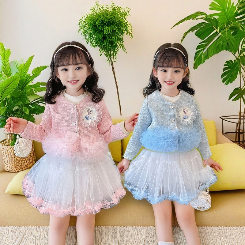Girls' Love Yarn Princess Dress Spring and Autumn New Style Chanel Style Two-piece Set for Little Girl dress Children's Elsa Dress