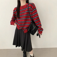 韩系复古风条纹拼色针织开衫女秋冬新款百搭减龄针织衫内搭女上衣