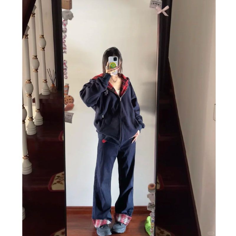潮牌美式复古格纹拼接连帽开衫卫衣女oversize秋冬加绒慵懒风外套|undefined
