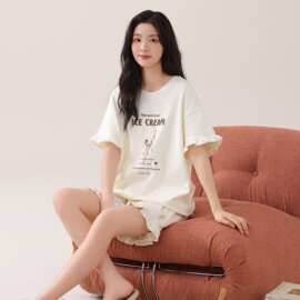 夏季新款纯棉女短袖短裤套头睡衣卡通休闲女家居服图片色圆领居家