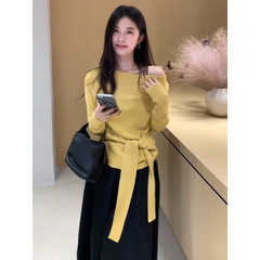 W2F现货 早秋法式气质绑带收腰斜肩早秋针织上衣女长袖独特漂亮洋