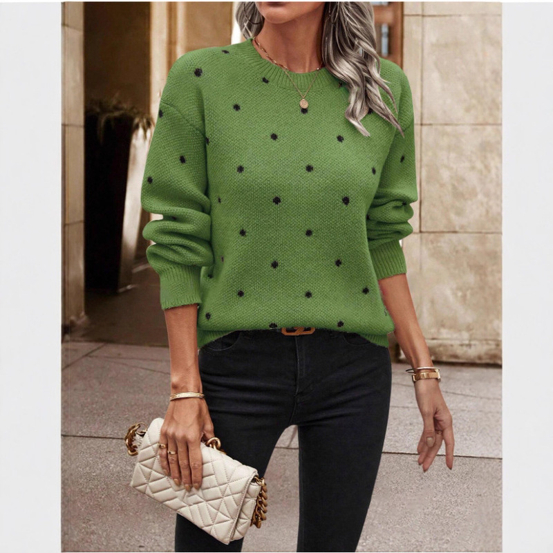 European and American Cross-Border Foreign Trade Women's Clothing Imitation Sweater Fashion Round Neck Long-Sleeved Pullover Women's Polka Dot Print Imitation Knit Top