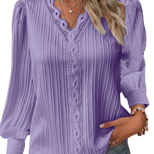 2025 Independent Station Wish Autumn Long-Sleeve V-Neck Lace Splicing Blouse Women's Shirt Women's Clothing