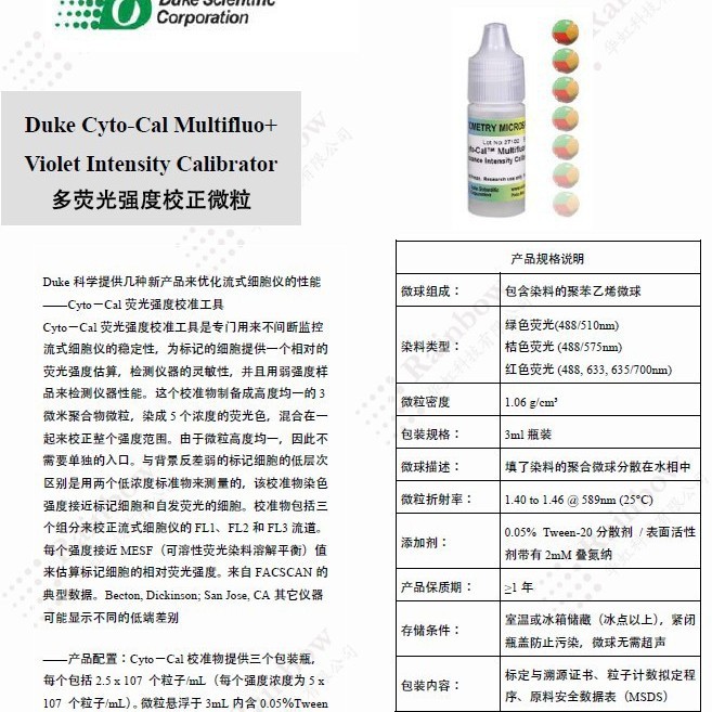 供Duke多荧光强度校正微粒（ 3?m）DUKE标准粒子
