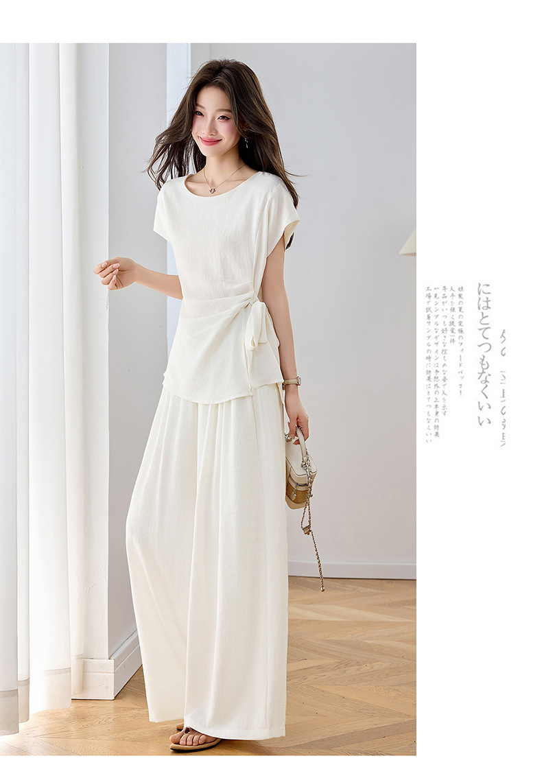 Bộ áo thun cổ tròn nơ buộc kết hợp quần ống rộng nữ 2 món — xanh lam, màu kaki, màu trắng ngà chi tiết 14