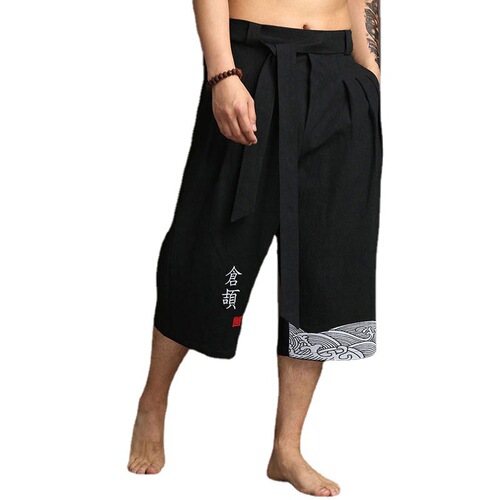2025 Chinese-style men's wide-leg pants, cotton-linen 7/8 length, loose summer casual pants, trendy men's bottoms