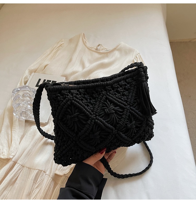 177g Weight Polyester Cotton Lining Material Weave, Hollow Fashion Element Zipper Closure Type Single Shoulder Strap Strap Type Shoulder Bag Bags Type Casual Occasion cotton rope Material Solid Color Pattern All Seasons Season Women's Gender Vacation Style Square Shape Women's Cotton Rope Solid Color Vacation Weave Hollow Square Zipper Shoulder Bag 21
