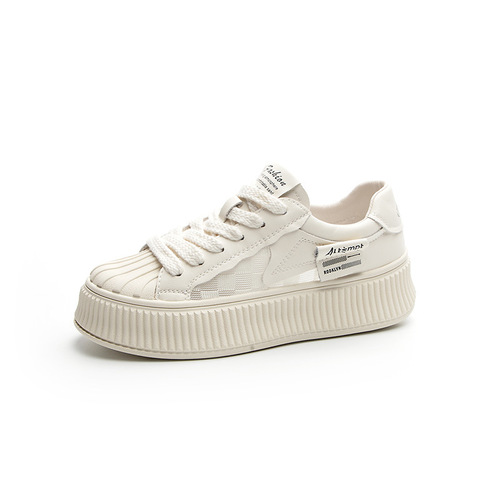 Shell toe white shoes for women 2024 spring and summer new style genuine leather breathable and comfortable casual shoes thick sole heightening lace-up sneakers