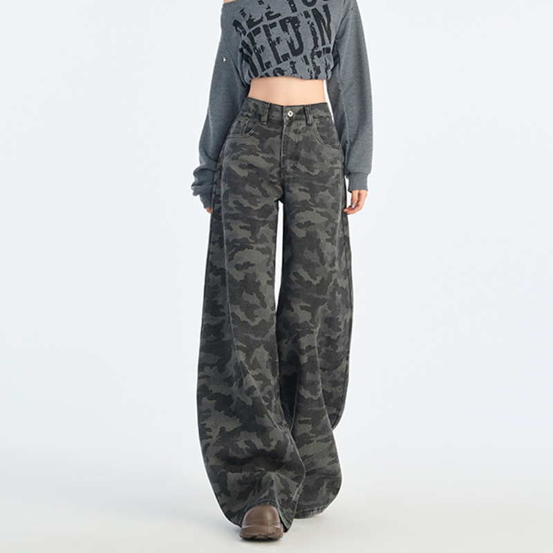 American-Style Workwear Camouflage Loose Jeans for Women 2026 Spring New High-Waisted Straight-Leg Casual Wide-Leg Pants for Petite Women