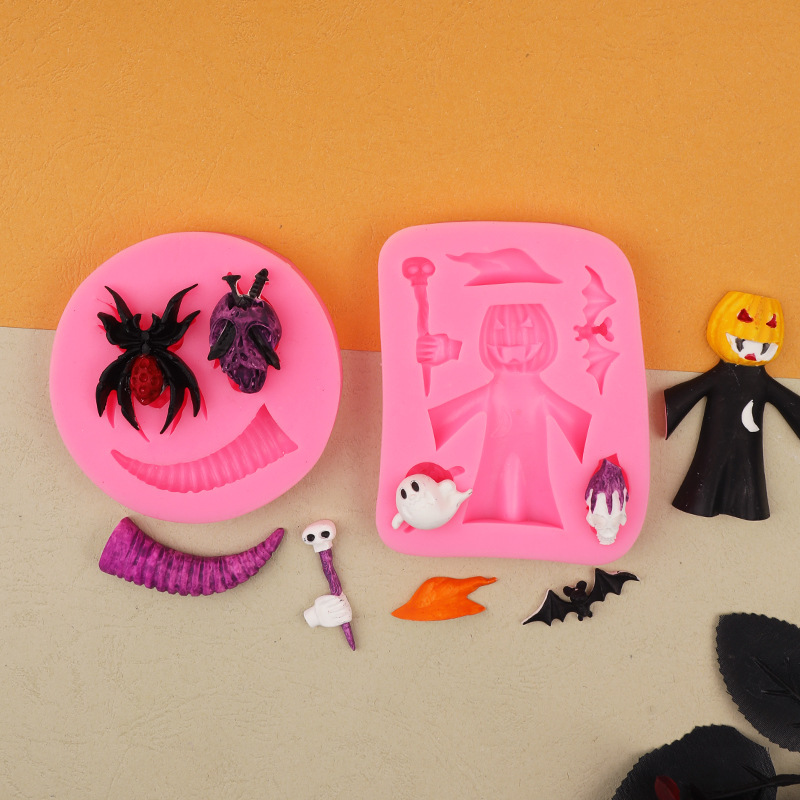 Halloween araña bat cuerno fantasma cráneo silicona molde fondant cake hornear decoración de chocolate