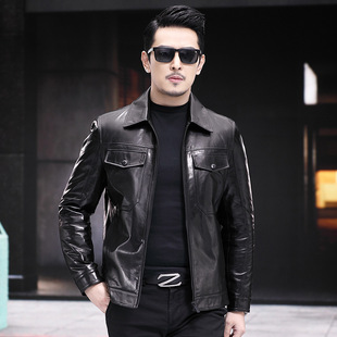 Haining Genuine Leather Jacket for Men, Goat Leather Jacket, Stylish Turn-Down Collar Biker Casual Short Jacket, Trendy Pure Leather