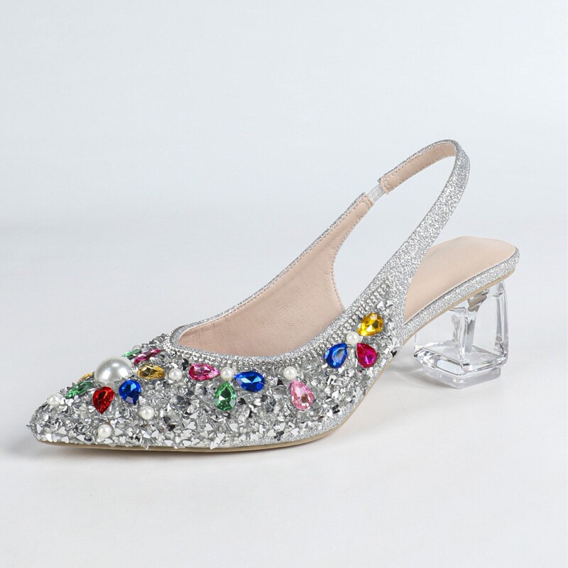 Cross-border high-end rhinestone high-heeled shoes with transparent crystal comfortable insoles, pointed toe, open-back high-heeled sandals for weddings and parties Cross-border high-end rhinestone high-heeled shoes with transparent crystal comfortable insoles, pointed toe, open-back high-heeled sandals for weddings and parties