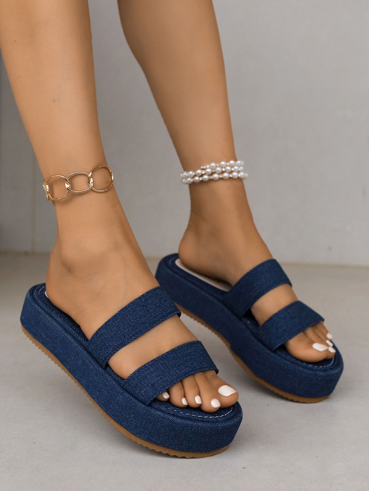 Platform Denim Cross Strap Sandals Open Toe Summer Slippers_voghion.com