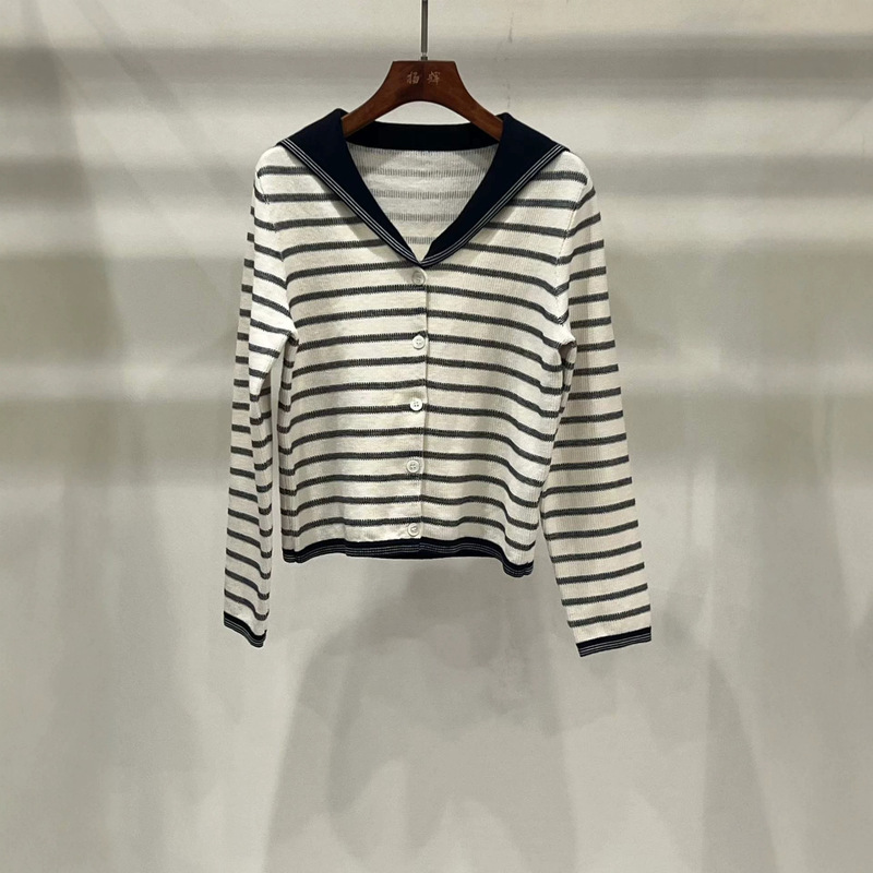 (In-stock from the source factory, please send a private message to purchase) Navy striped cotton cashmere knitted cardigan