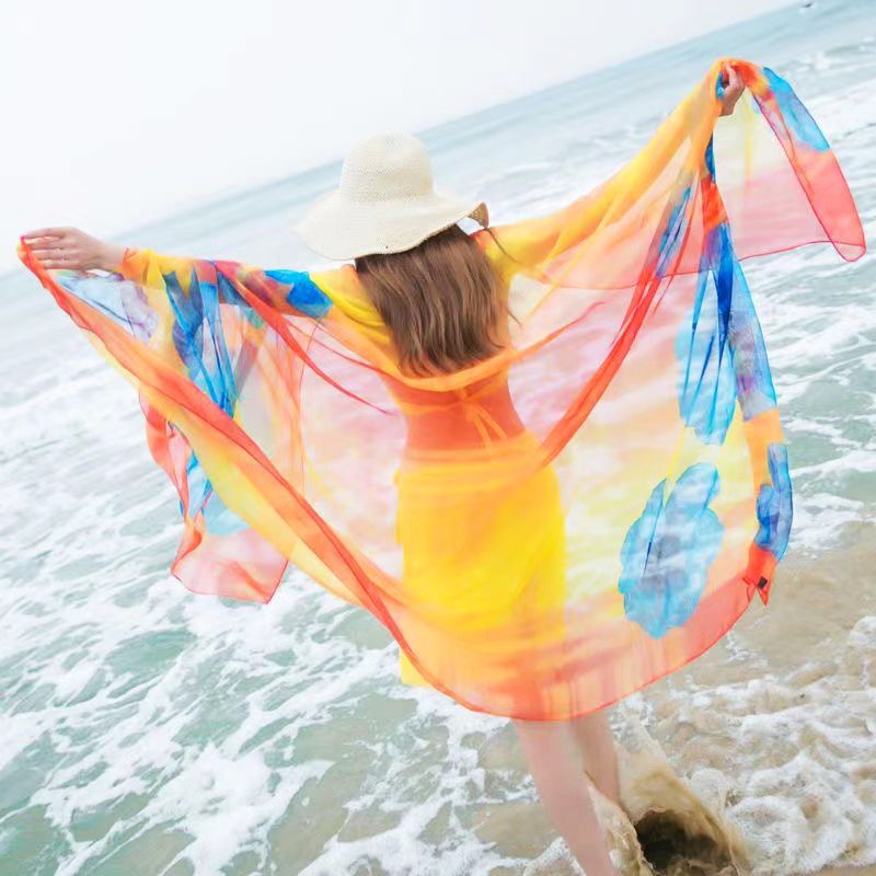 Extra-Large Silk Scarf for Women, Spring and Summer Chiffon Shawl, Long Printed Neck Scarf, Thin Beach Sunscreen Floral Design Extra-Large Silk Scarf for Women, Spring and Summer Chiffon Shawl, Long Printed Neck Scarf, Thin Beach Sunscreen Floral Design