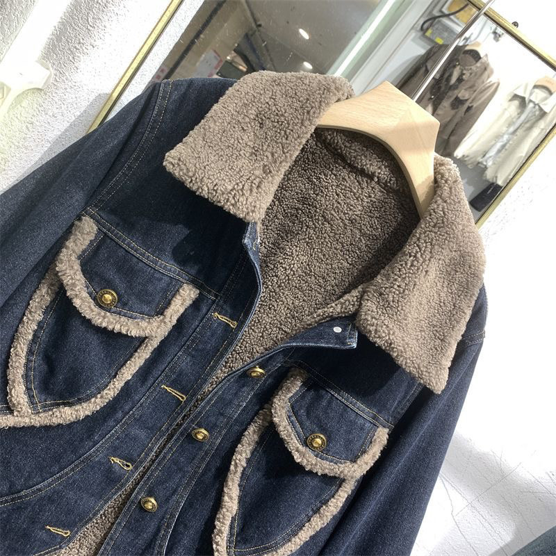 Women's Clothing lambswool thickened denim jacket lapel single breasted small long sleeved cotton jacket_voghion.com