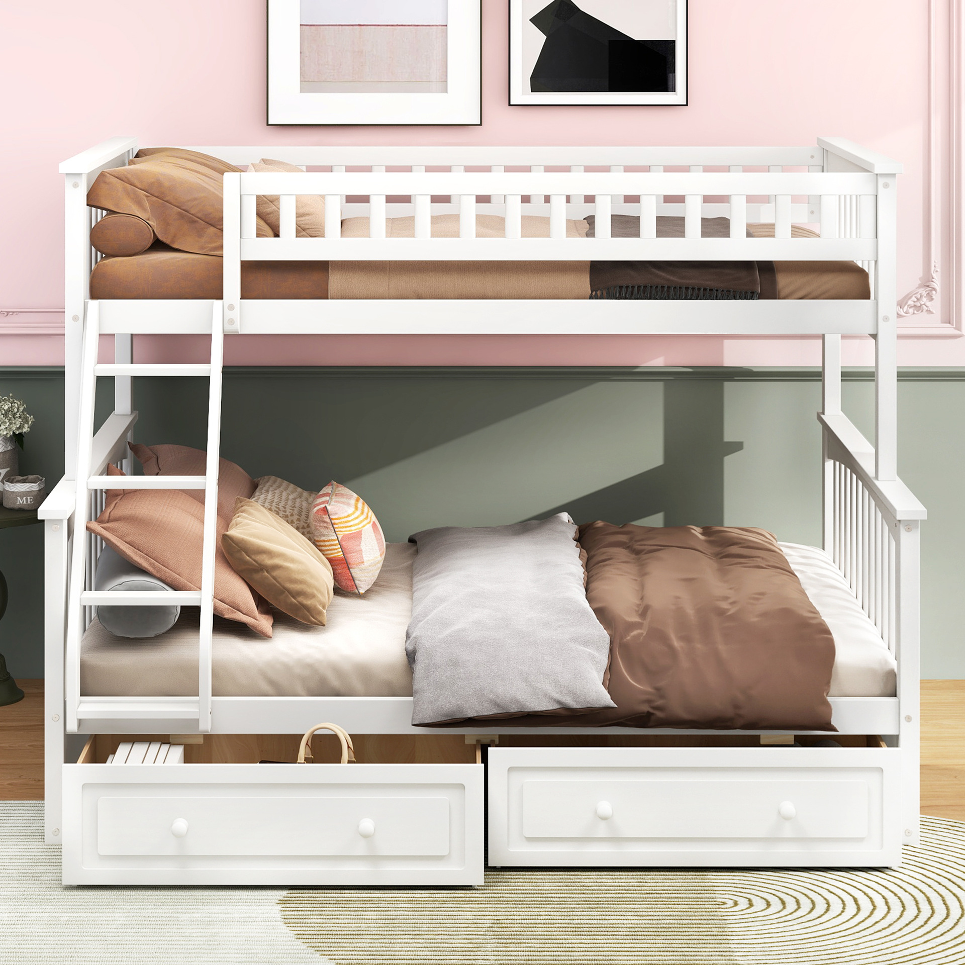 High and Low Bunk Bed, Children's Combination Bed, White Solid Wood Bed Frame, Storage Drawers, Staircase Design, Cross-Border