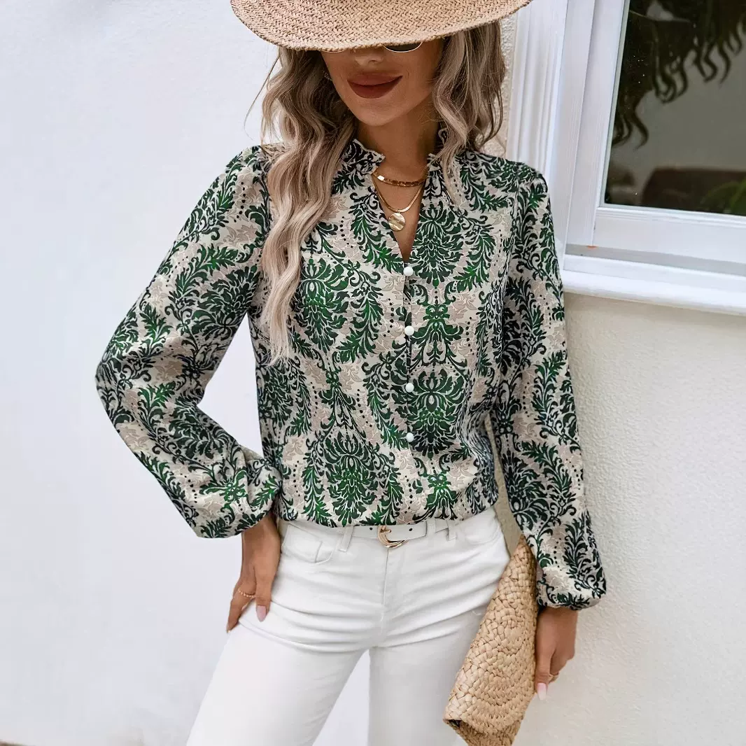 欧美跨境亚马逊印花衬衫女外贸度假休闲长袖上衣3D印花衬衫女