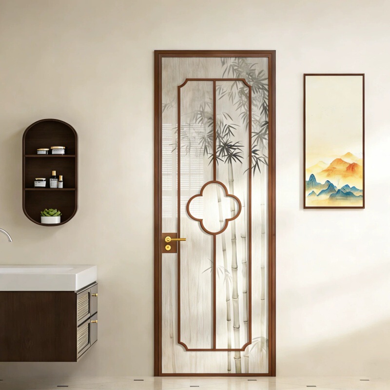 New Chinese-Style Song Dynasty Aesthetics Bathroom Door with Silk and Bamboo Shadow Glass, Vintage Retro Sliding and Swing Kitchen Door