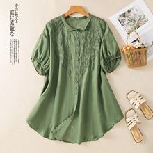 2025夏季新款百搭宽松女棉麻短袖衬衫中长款文艺复古刺绣纯色上衣