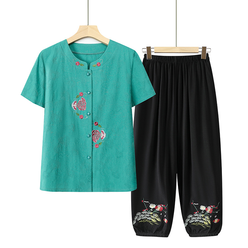 Elderly Women's Cotton and Linen Short-sleeved Shirt Set 2024 Summer New Grandma's Old Lady Cotton Two-piece Set