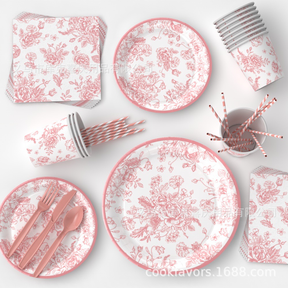 Primavera rosa flor decoración de fiesta fiesta fiesta de cumpleaños bandeja de papel desechable taza de papel toalla de papel juego de vajilla