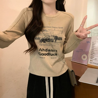 美式复古小个子短款内搭长袖t恤女春秋季圆领印花修身打底衫上衣