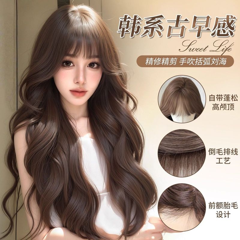 假发女全头套仿真人发丝自然无痕蓬松齐刘海大波浪长卷发假发发套|undefined