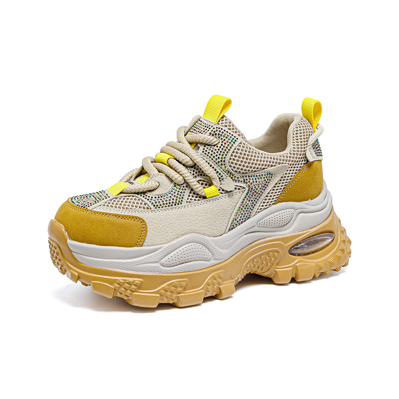Giày sneaker nữ chunky đế dày phong cách retro, tăng chiều cao, đính đá lấp lánh — M2911 vàng, M2911 be, M2911 đỏ, M2911 xanh lá